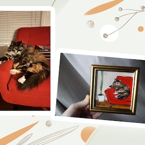 Peut inclure: Un chat multicolore et duveteux se repose sur un fauteuil rouge. &Agrave; c&ocirc;t&eacute; du chat se trouve une grande plante en pot. Une peinture encadr&eacute;e repr&eacute;sente un chat similaire sur une chaise rouge, avec une petite plante et une tasse. Le tableau a un cadre dor&eacute;.