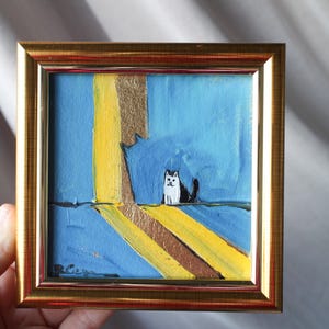 Plat met een grote schaduw met bladgoud olieverfschilderij met bladgoud 4 x 4 origineel schilderij ingelijst schilderij zwarte kat origineel ingelijst