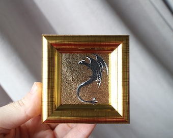 Black Dragon Miniature original Oil Painting, Framed Gold Leaf Art
