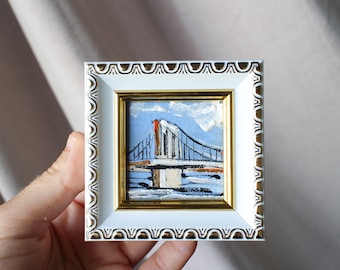 Framed Brooklyn Bridge Oil Painting: Miniature New York Art (2x2)