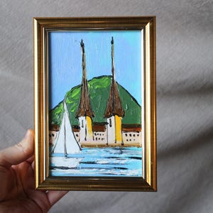 Lake Lucerne Switzerland cityscape street architecture castle original oil painting framed castle in mountain oil sketch painting