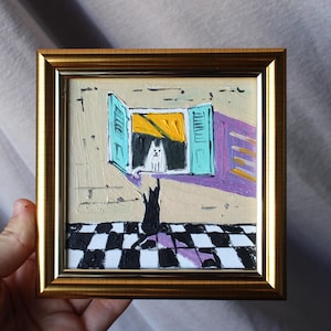Zwart-witte kat olieverfschilderij 4 x 4 origineel ingelijst schilderij zwarte kat origineel ingelijst