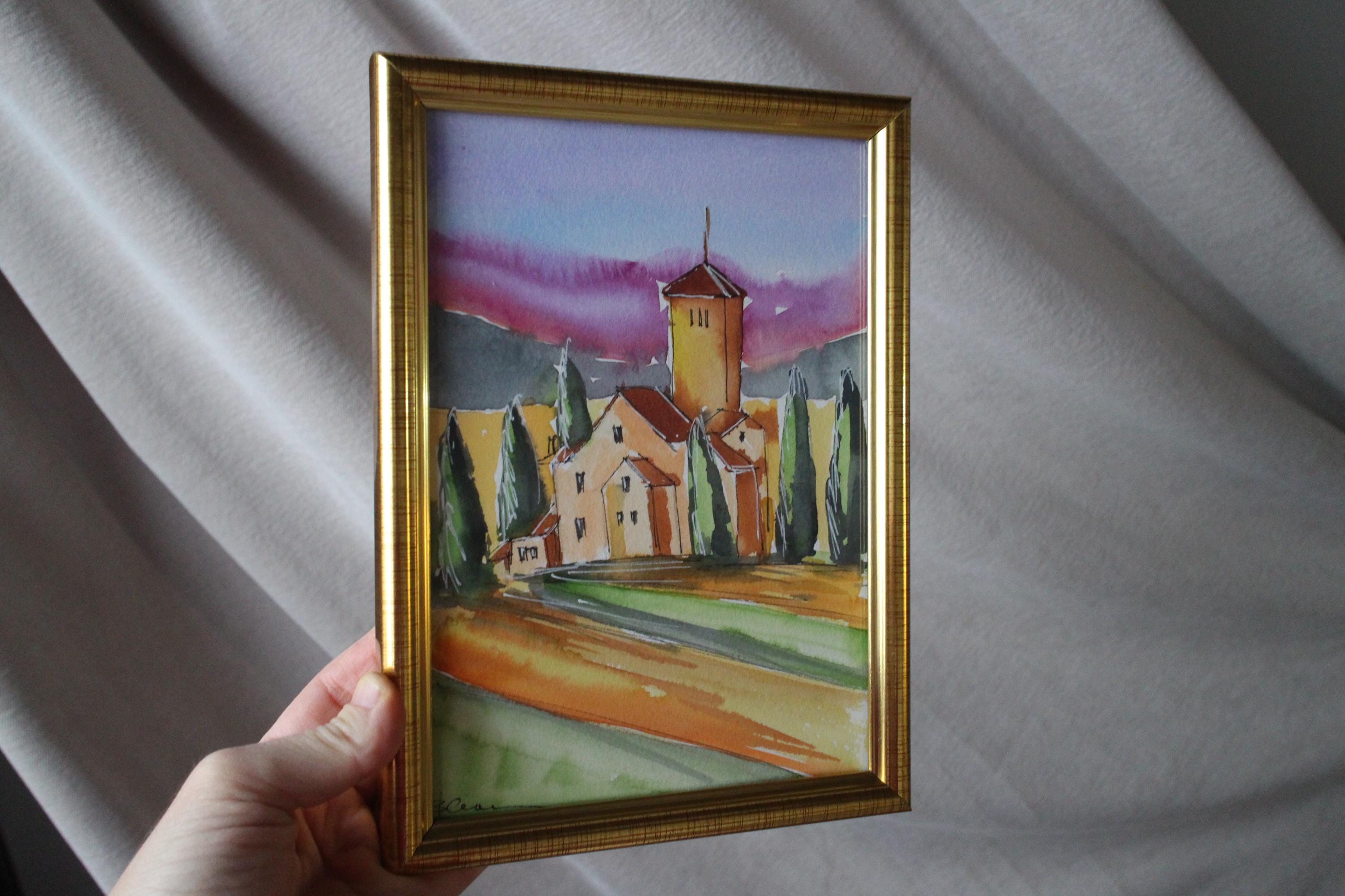 Tuscany Italy Poppy Field Painting Watercolor Original Framed Small ...