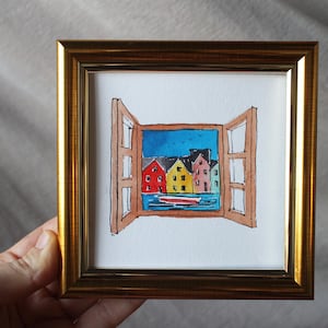 Pintura de acuarela de Copenhague original enmarcada 4x4 paisaje urbano de Copenhague Dinamarca Pintura al óleo boceto