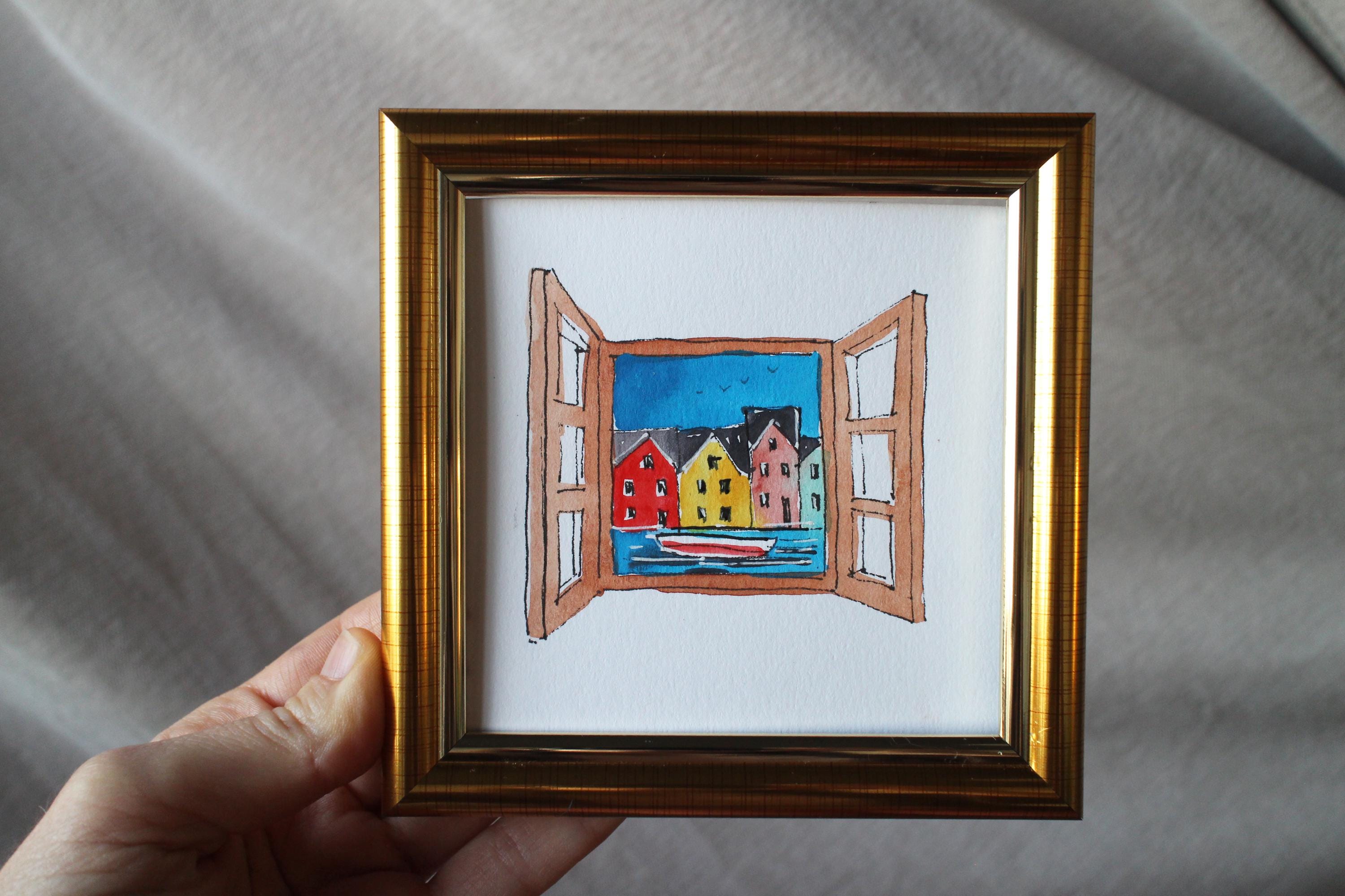 Copenhagen watercolor painting original framed 4x4 Kopenhagen cityscape Denmark Oil Painting sketch