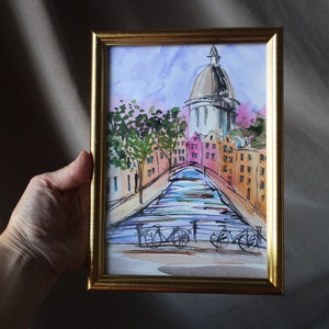 Amsterdam watercolor painting original framed sketch Amsterdam painting Holland in Small Painting Wall Art Decor Painting