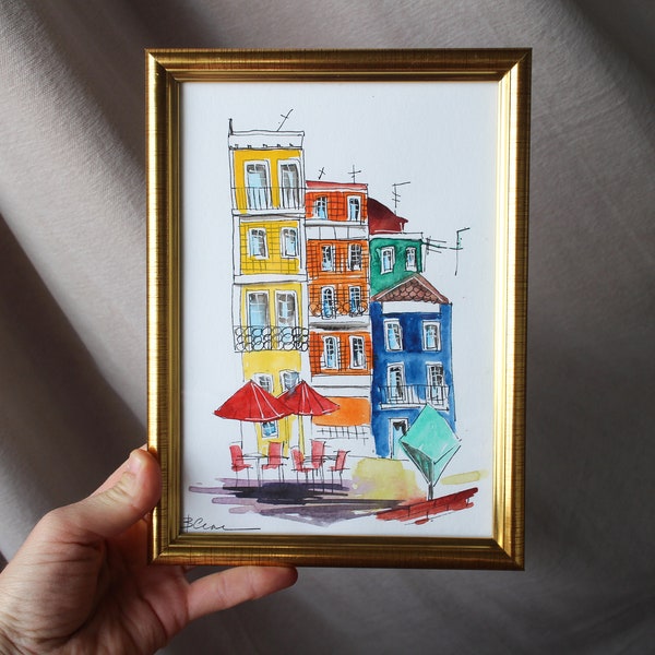 Ribeira Porto Portugal painting watercolor original framed, cityscape Ribeira painting street in Small Painting Wall Art Decor