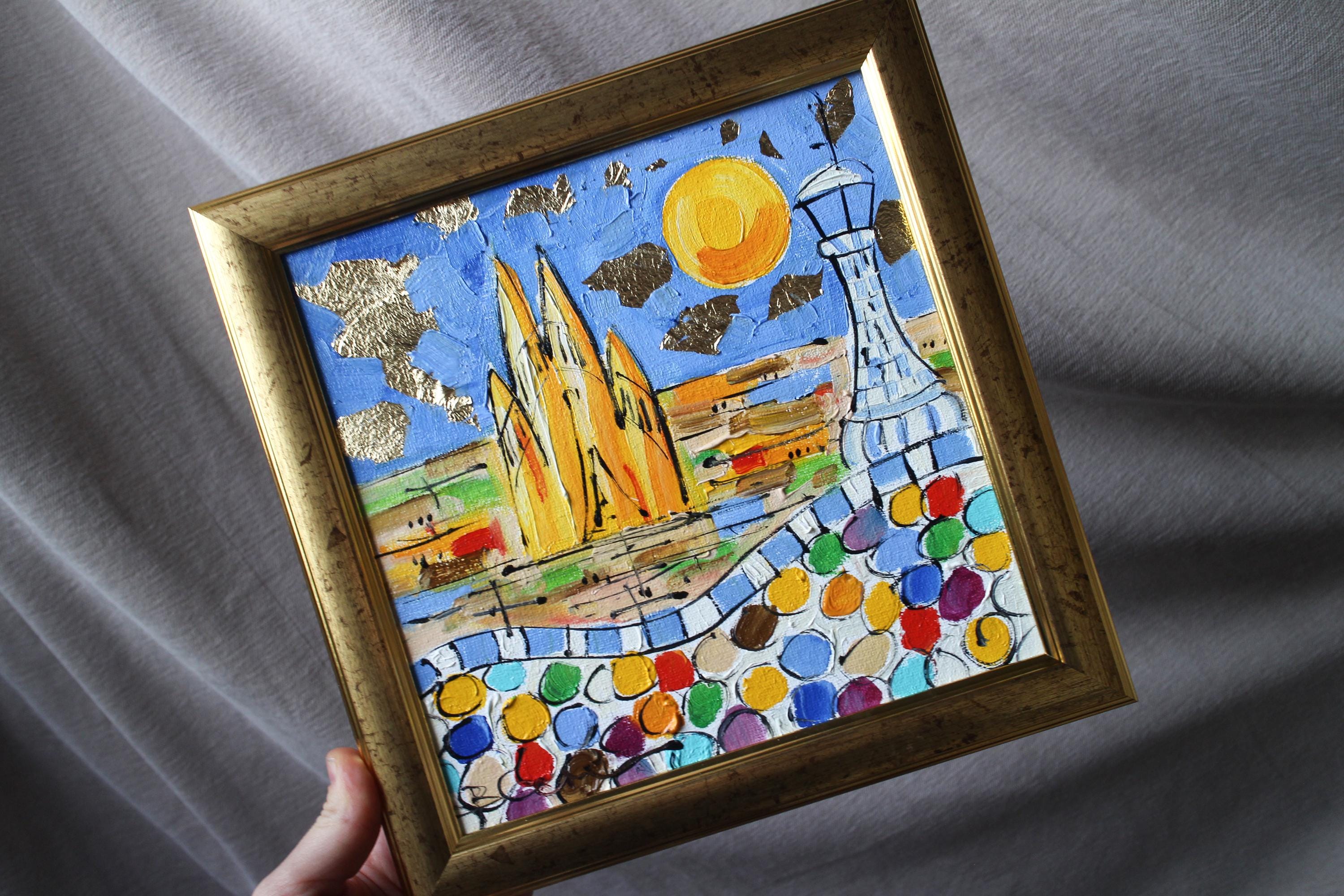 Barcelona Oil Painting With Gold Leaf Framed Original 8x8