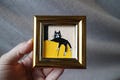 Mini painting a black cat shares the back of a chair oil painting framed 2x2 in Original Handmade painting product logo