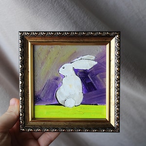 Retrato de conejo, pintura al óleo, pintura original enmarcada, 4 x 4, pintura de conejo, ilustración original enmarcada, decoración del hogar, arte de pared