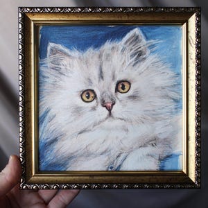 Le dessin au crayon de chat blanc pelucheux avec la peinture originale aquarelle 6 x 6 encadrée peinture originale encadrée de chat blanc