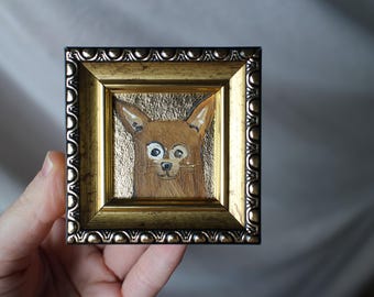 Portret chihuahua, obraz olejny ze złotymi liśćmi, oprawiony w ramę (2 x 2 cale)