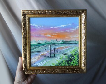 Kyiv Bridge Oil Painting: Framed Cityscape Art, Ukraine, 8x8 original craft handmade