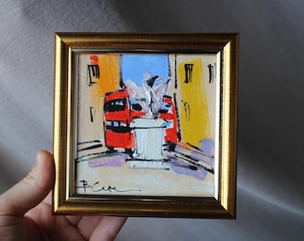 Pintura al óleo de autobús londinense enmarcada: arte de paisaje urbano pequeño de 4 x 4 pulgadas