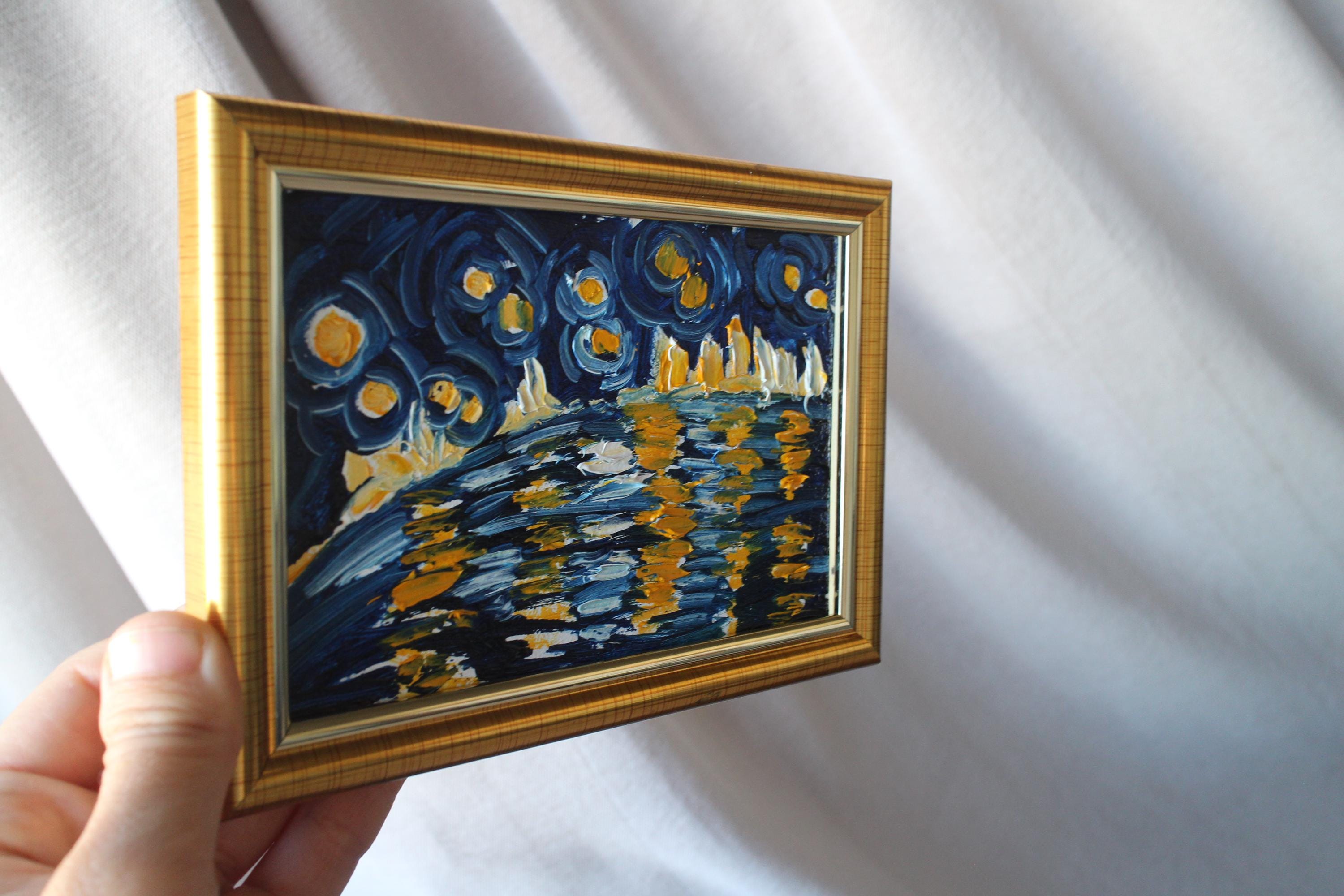 ヴィンセント・ヴァン・ゴッホ「星月夜」額入り、オリジナル絵画 4x6