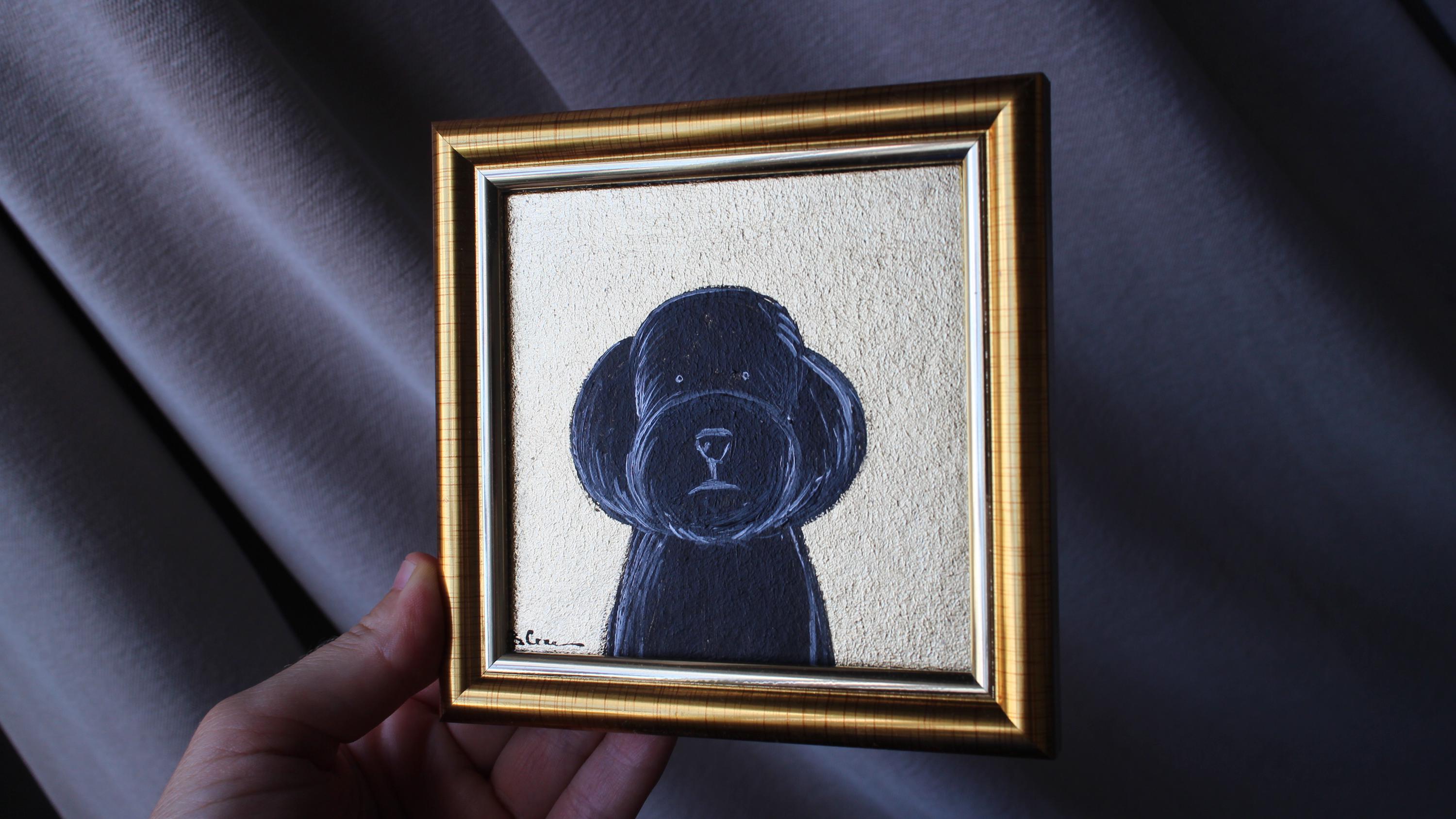 オリジナルの黒プードルの油絵（金箔付き）：額入り犬の肖像画（4 x 4