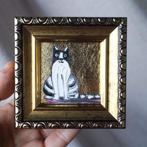 Le chat noir et blanc peinture à l'huile avec feuille d'or 2 x 2 peinture originale encadrée peinture chat noir originale encadrée