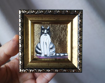 The cat black white oil Painting with gold leaf 2x2 original painting framed Black cat painting original framed