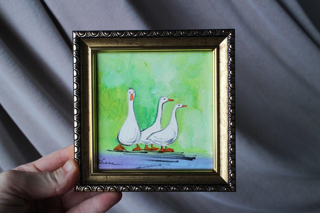 Goose Anser Geese Oil Painting Original Painting Framed 4x4 White Geese ...