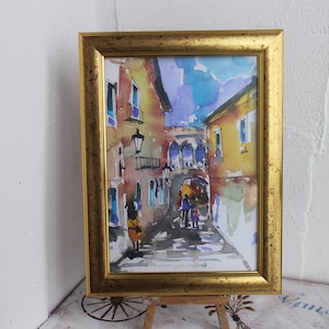 Gotische wijk Barri Gotic Barcelona schilderij ingelijst aquarel origineel, Barcelona schilderij Pont del Bisbe gebouwd Carrer del Bisbe schilderij
