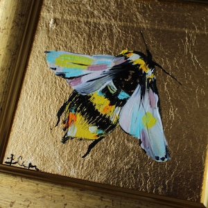 Bumblebee Miniature oil painting with gold leaf 4x4 framed Small original Oil painting flower image 3