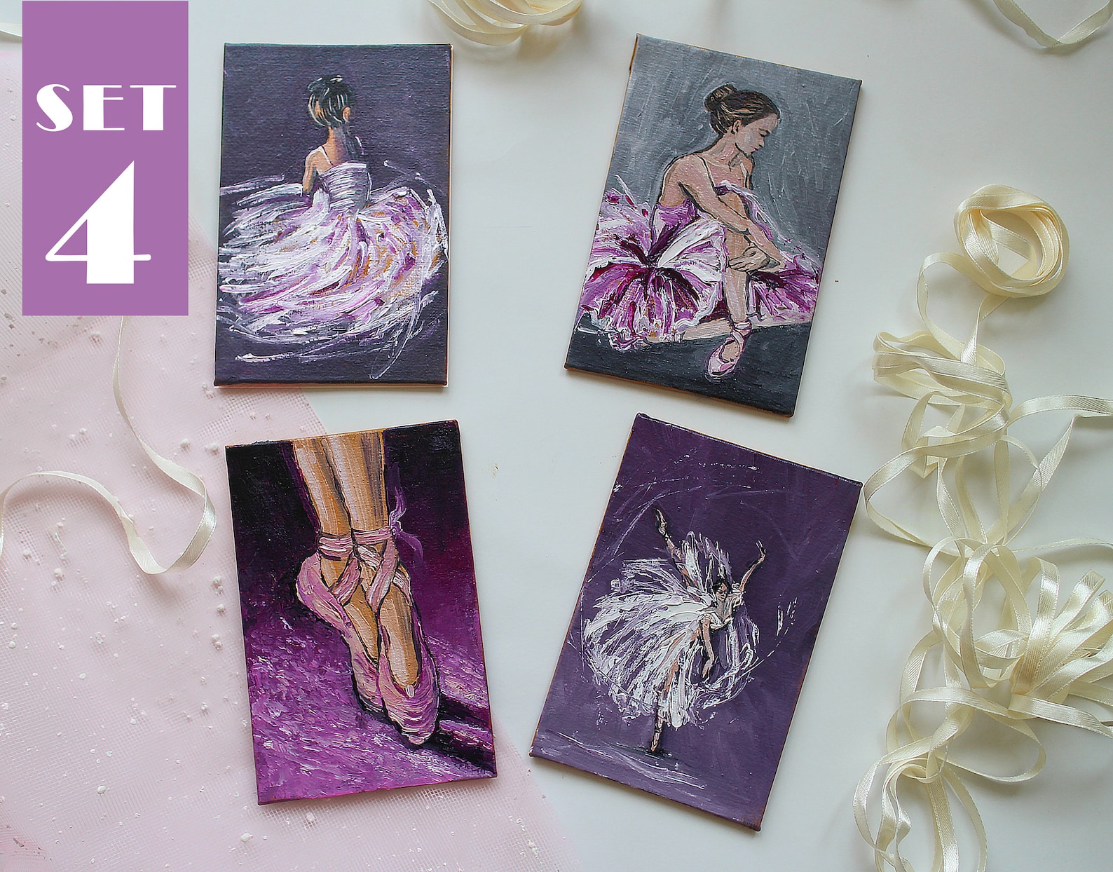 set for 4 painting, ballerina painting oil, ballet painting oil, dancer painting, ballet dancer art, mini painting, pointe shoes set for 4 painting, ballerina painting oil, ballet painting oil, dancer painting, ballet dancer art, mini painting, pointe shoes