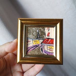 Paris cafe Eiffel Tower oil Painting original with gold leaf framed cityscape facade of house Original Handmade Small Oil Painting canvas