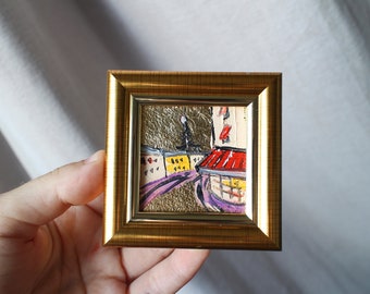 Paris cafe Eiffel Tower oil Painting original with gold leaf framed cityscape facade of house Original Handmade Small Oil Painting canvas