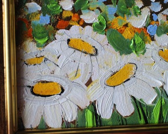 金箔のデイジー油絵 4x4 花の額入りオリジナルカモミール花絵 ミニ花絵