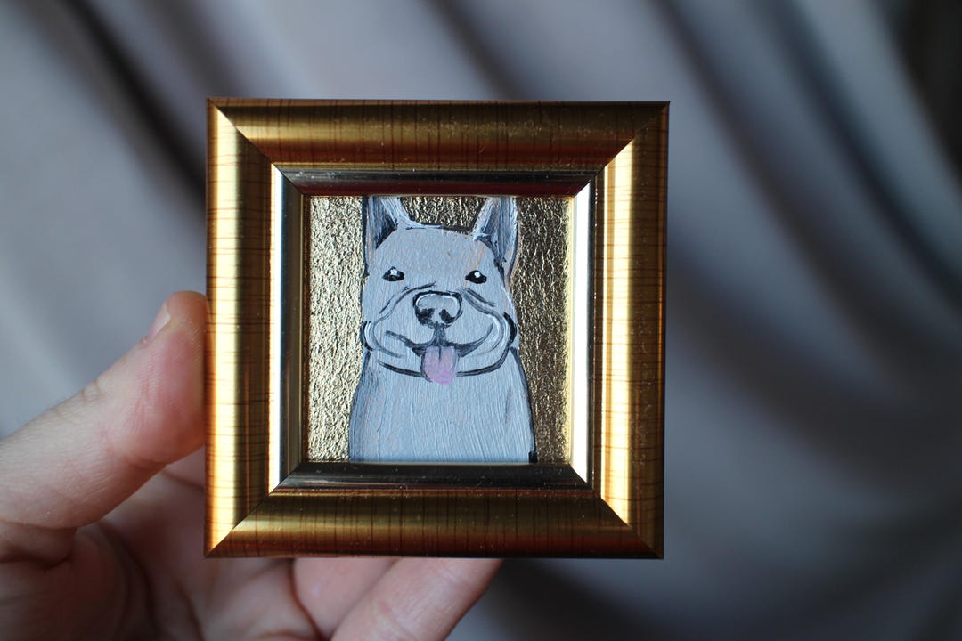 額入りフレンチブルドッグの油絵：オリジナル犬の肖像画（2 x 2インチ