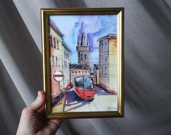 Painting Prague tram sketch watercolor Prague Czech Republic framed watercolor The Gothic Powder Tower Charles Bridge painting, Praha