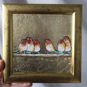 Chickadees Spatz Ölgemälde mit Blattgold original gerahmt 6x6 Blattgold Kunst Goldmalerei Blattgold Textur Ölgemälde Auf Leinwand