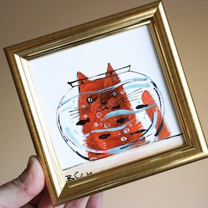 Chat et poisson dans un aquarium Peinture à l'huile 4 x 4 Peinture originale encadrée Peinture originale de chat encadrée