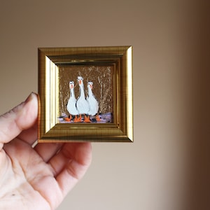 Pintura al óleo de ganso blanco Anser, pintura original enmarcada, pintura de gansos blancos, ilustración original enmarcada, decoración del hogar, arte de pared