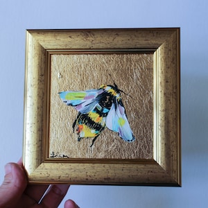 Bumblebee Miniature oil painting with gold leaf 4x4 framed Small original Oil painting flower image 1