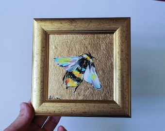 Bumblebee Miniature oil painting with gold leaf 4x4 framed Small original Oil painting flower