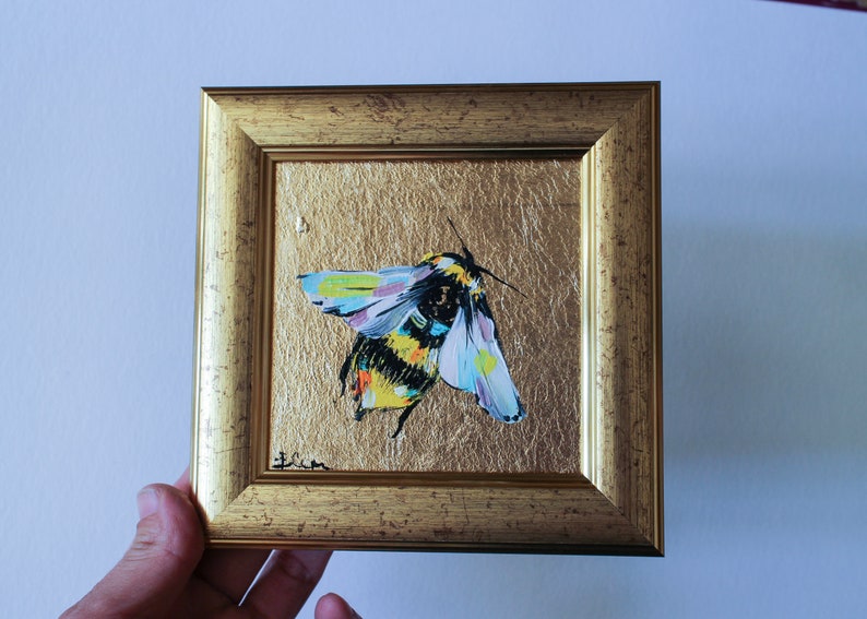Bumblebee Miniature oil painting with gold leaf 4x4 framed Small original Oil painting flower image 1