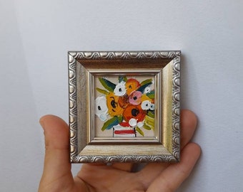 Blumen kleine Blumen Ölgemälde original Miniatur Blume Handmade Stilleben Blumenstrauss umrahmt