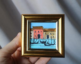 Venice Italy miniature Oil painting original framed 2x2 Venezia gondola Painting, Venice Wall Art  Decor, Venice gift