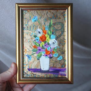 ブーケ 花の油絵 金箔入り 額入り オリジナル 4x6 油絵 花 ミニ花の絵 ブーケの絵