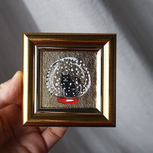 Boules à neige de Noël chat noir avec feuille d'or Peinture à l'huile avec feuille d'or 2 x 2 peinture originale encadrée peinture chat originale encadrée