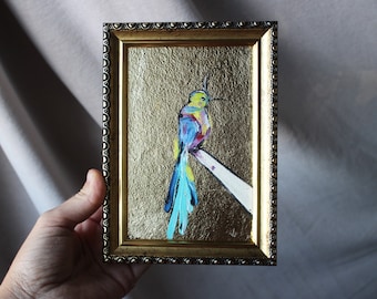 Pintura al óleo de colibrí con pan de oro - Arte original enmarcado (10 x 15 cm)
