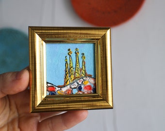 Sagrada Familia Barcelona oil Painting original framed 2x2 sketch Espana Wall Art