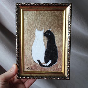 Hermoso retrato de gatos en blanco y negro con pintura al óleo de pan de oro con pintura original de pan de oro enmarcada Pintura de gato negro original enmarcada