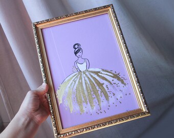 Framed Ballerina Painting, Gold Leaf Girls Room Decor (A4)
