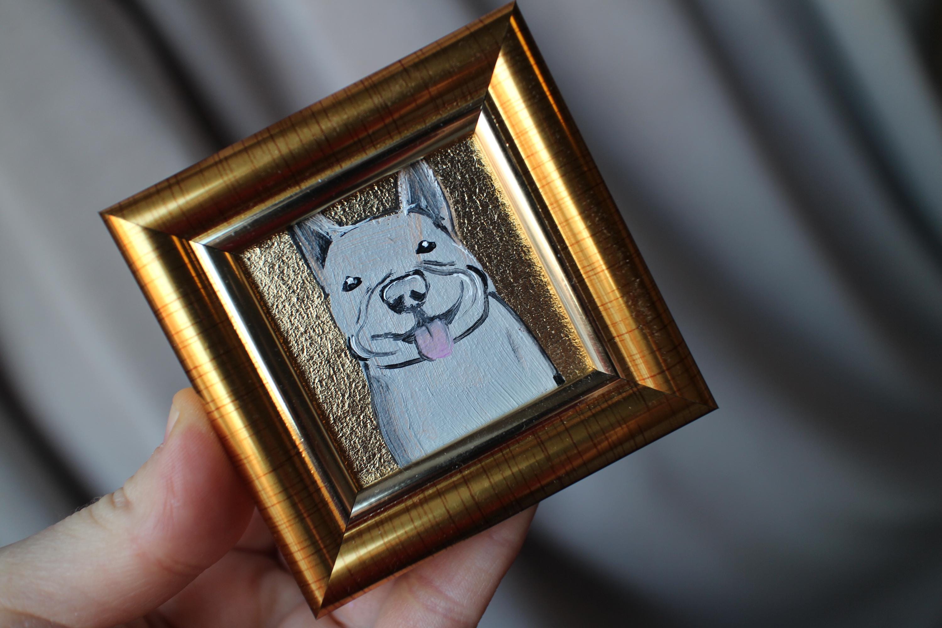 額入りフレンチブルドッグの油絵：オリジナル犬の肖像画（2 x 2インチ