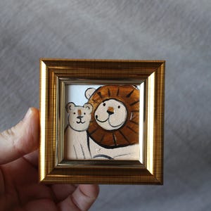 Retrato de familia de leones, pintura al óleo, pintura original enmarcada, pintura de león de 2 x 2, ilustración original enmarcada, decoración del hogar, arte de pared