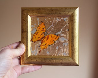 Schmetterling Ölgemälde mit Blattgold original gerahmt 4x4 Schmetterling Malerei Blattgold Kunst original Ölgemälde Geschenk für Sie