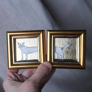 Peinture à l'huile de chat blanc avec feuille d'or encadrée originale art double 2 x 2 + 2 x 2 peinture de chat blanc originale encadrée