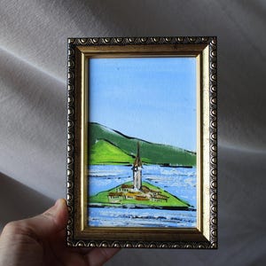 Lago di Bled da Lubiana Slovenia dipinto a olio originale incorniciato 4x6